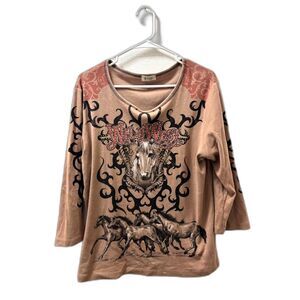 Cactus T Shirt Blouse Women's XL Brown Embellished y2k horse Wild West Festival
